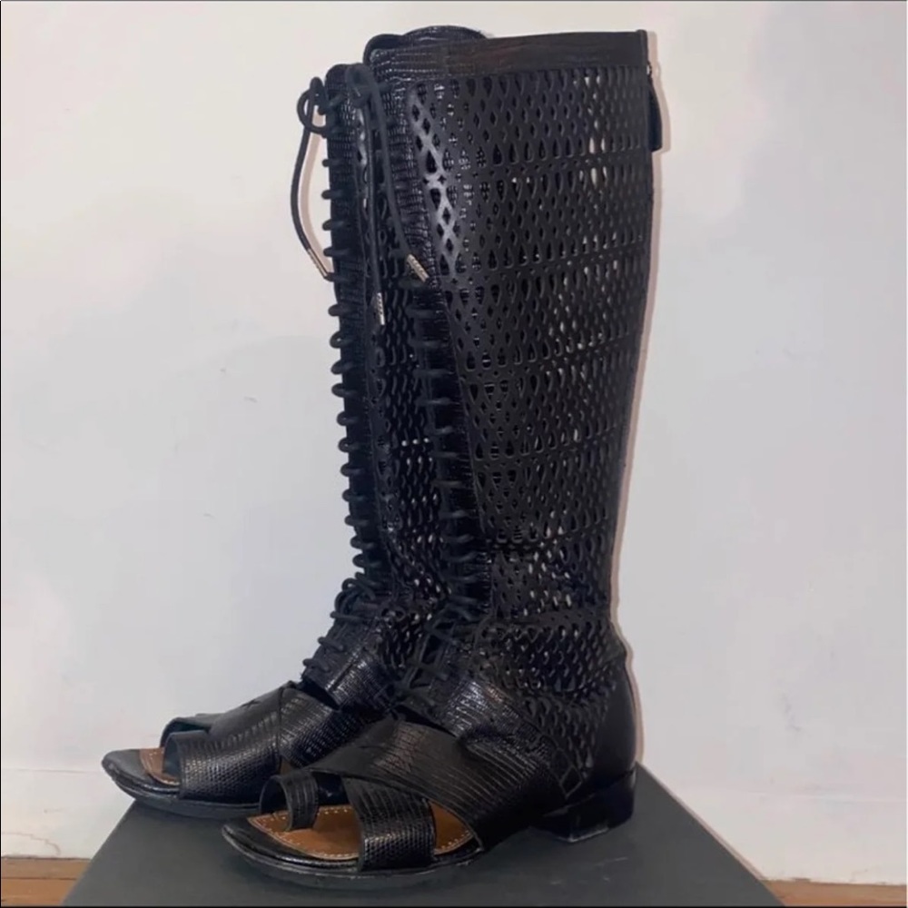 Proenza Schouler black lizard laser cut out lace up gladiator sandals size 36